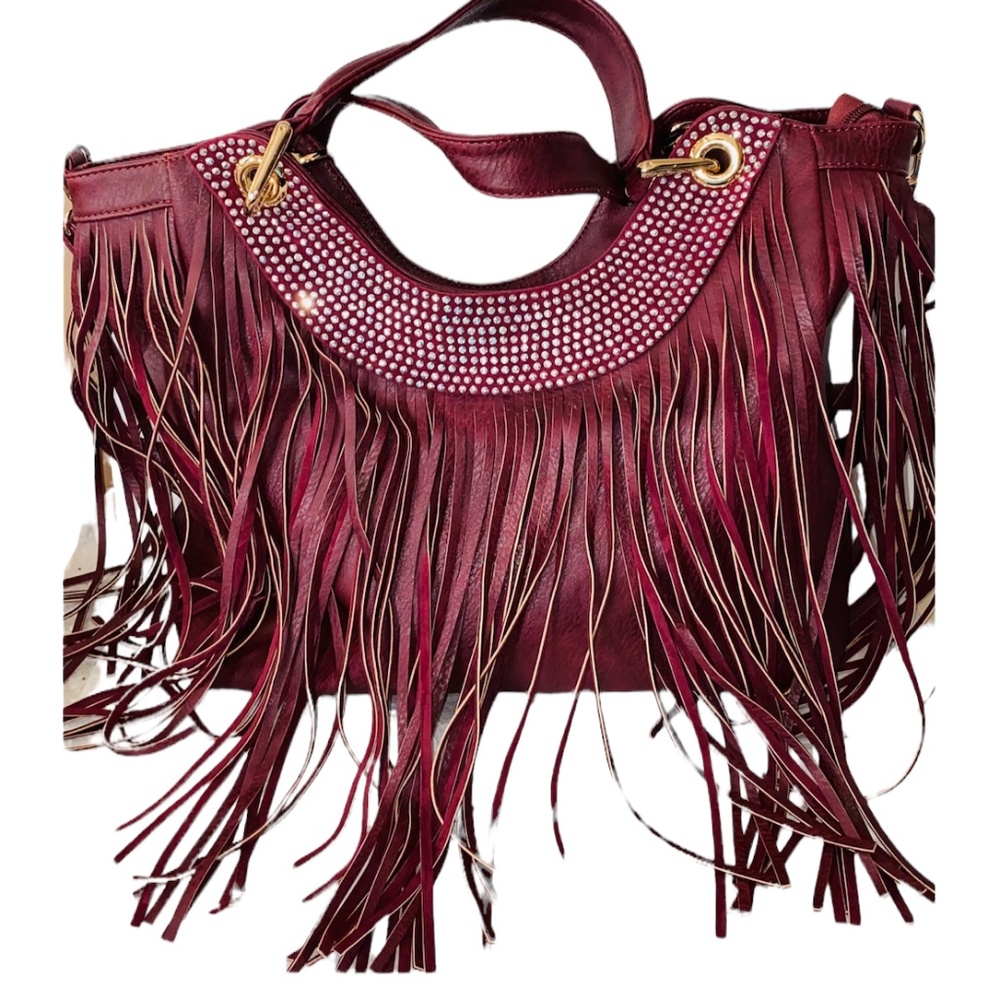 strappy tassel purse with rhinestone detailing
